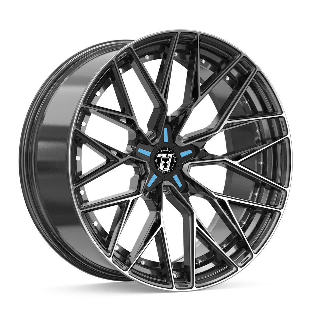 Wheel & Tyres Package( Wolfrace 71 Wolfsburg GTR CUSTOM Gloss Raven Black Polished Blue Inserts + 255/35R18 FALKEN FK520 94Y XL )