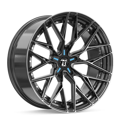 Wheel & Tyres Package( Wolfrace 71 Wolfsburg GTR CUSTOM Gloss Raven Black Polished Blue Inserts + 255/35R18 FALKEN FK520 94Y XL )